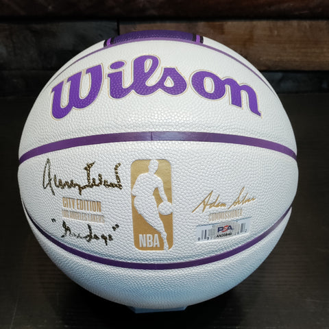 Jerry West Signed Lakers Logo Basketball W/ Stand PSA COA