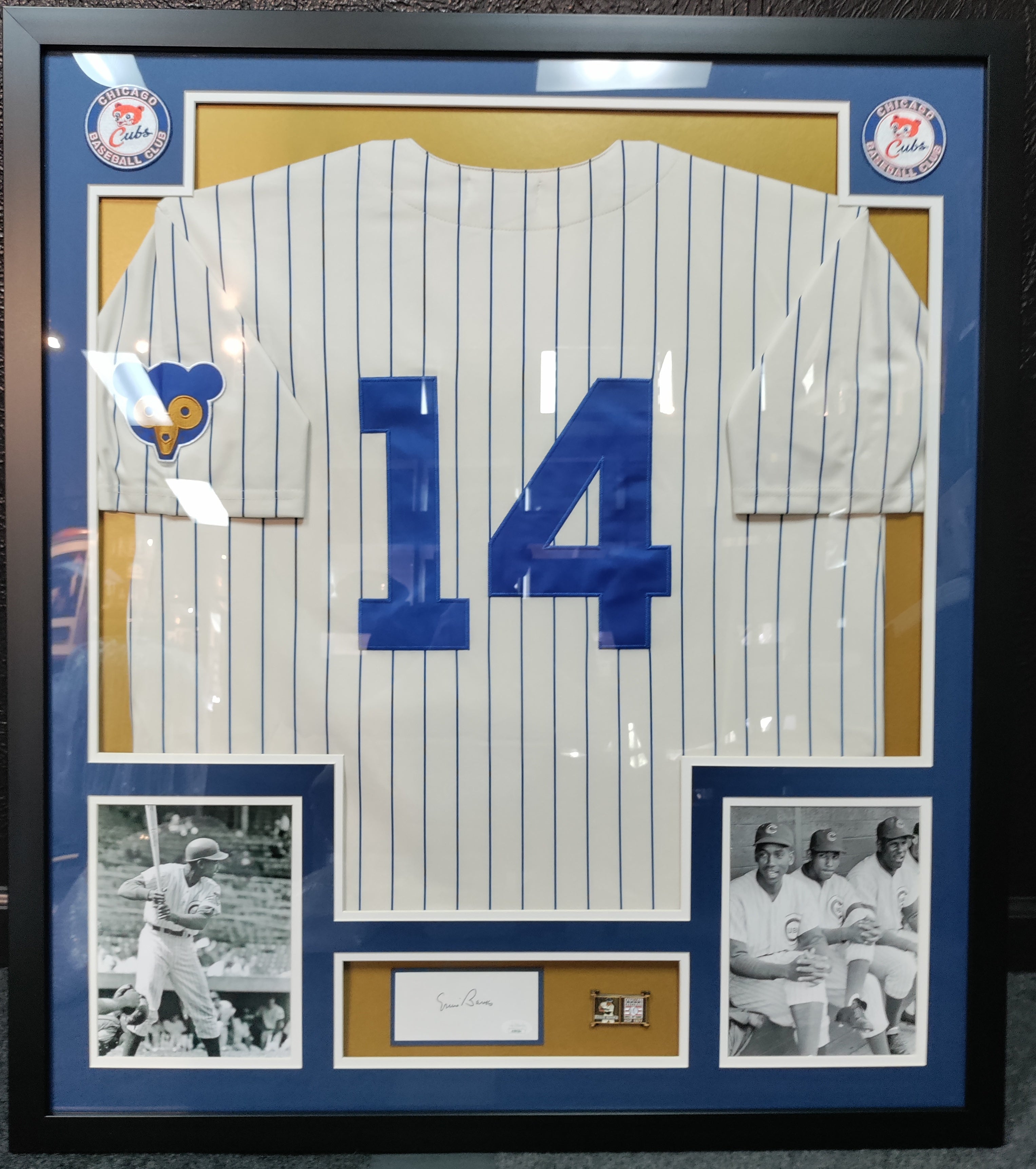 Ernie Banks Framed Cubs Jersey Display With Cut Signature and Pins JSA COA  – All In Autographs