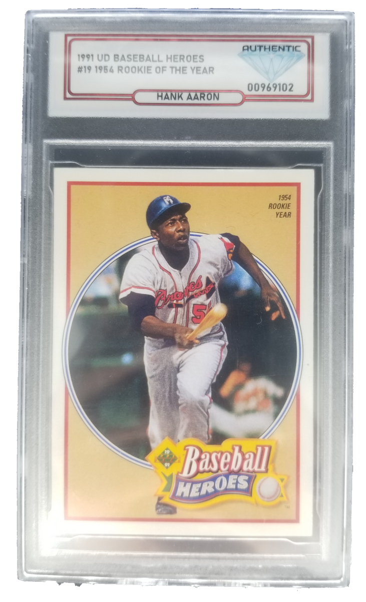 Hank Aaron Baseball Card 1991 Upper Deck UD Baseball Heroes #19 1954 Rookie  of the Year – All In Autographs