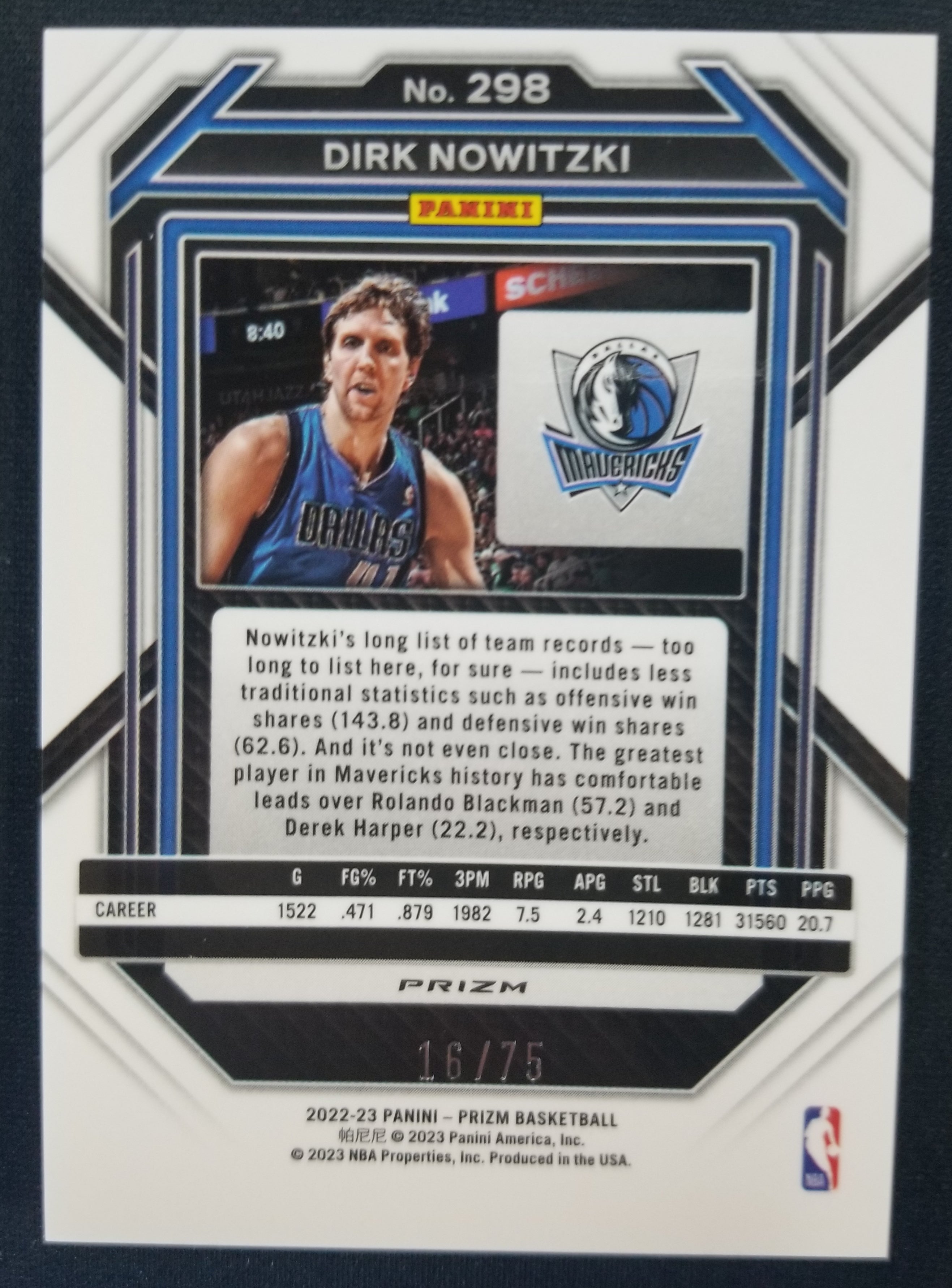 DIRK NOWITZKI 2022-23 PANINI PRIZM RED SQUARES CARD #298 /75 – All 