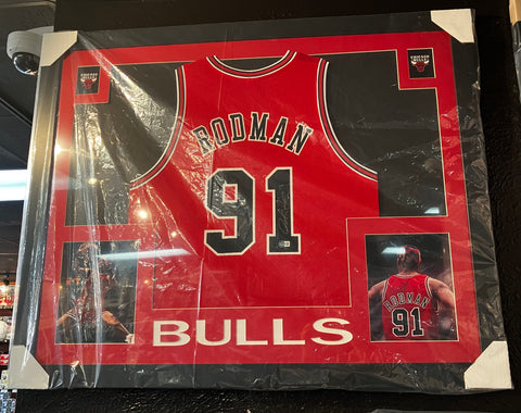 Dennis Rodman Signed Red Framed Jersey Beckett COA