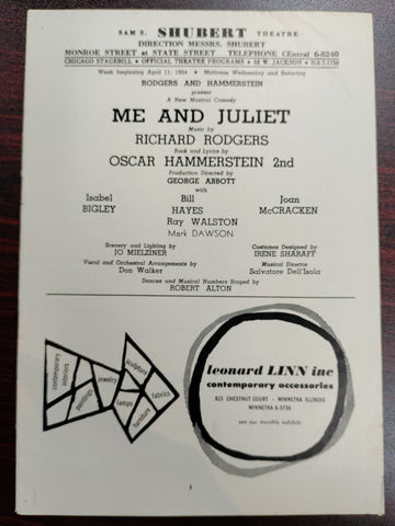 Shubert Theatre Stagebill 1954 Featuring "Me and Juliet"- Missing Cover Page
