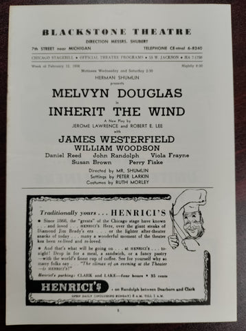 Blackstone Theatre Stagebill 1956 Featuring Melvyn Douglas in "Inherit the Wind" (Missing Cover)