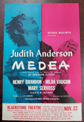 Vintage Blackstone Theatre Flyer Featuring Judith Anderson in "Medea"