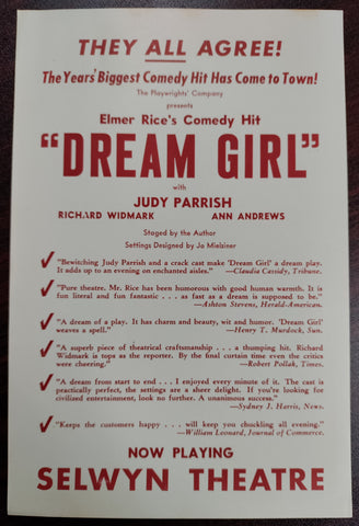 Vintage Selwyn Theatre Flyer Featuring Judy Parrish in "Dream Girl"