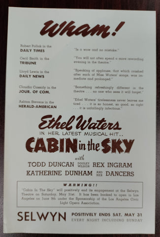 Vintage Selwyn Theatre Flyer Featuring Ethel Waters in "Cabin in the Sky"