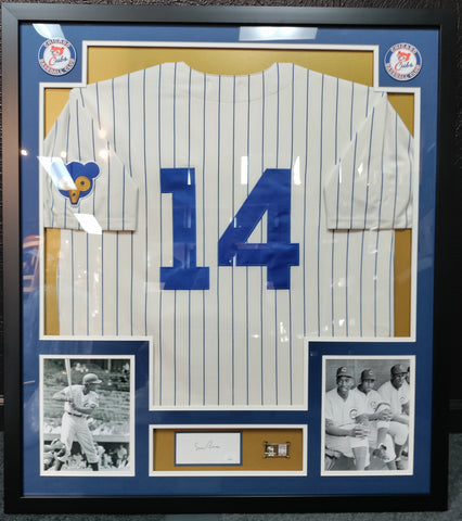 Ernie Banks Framed Cubs Jersey Display With Cut Signature and Pins JSA COA