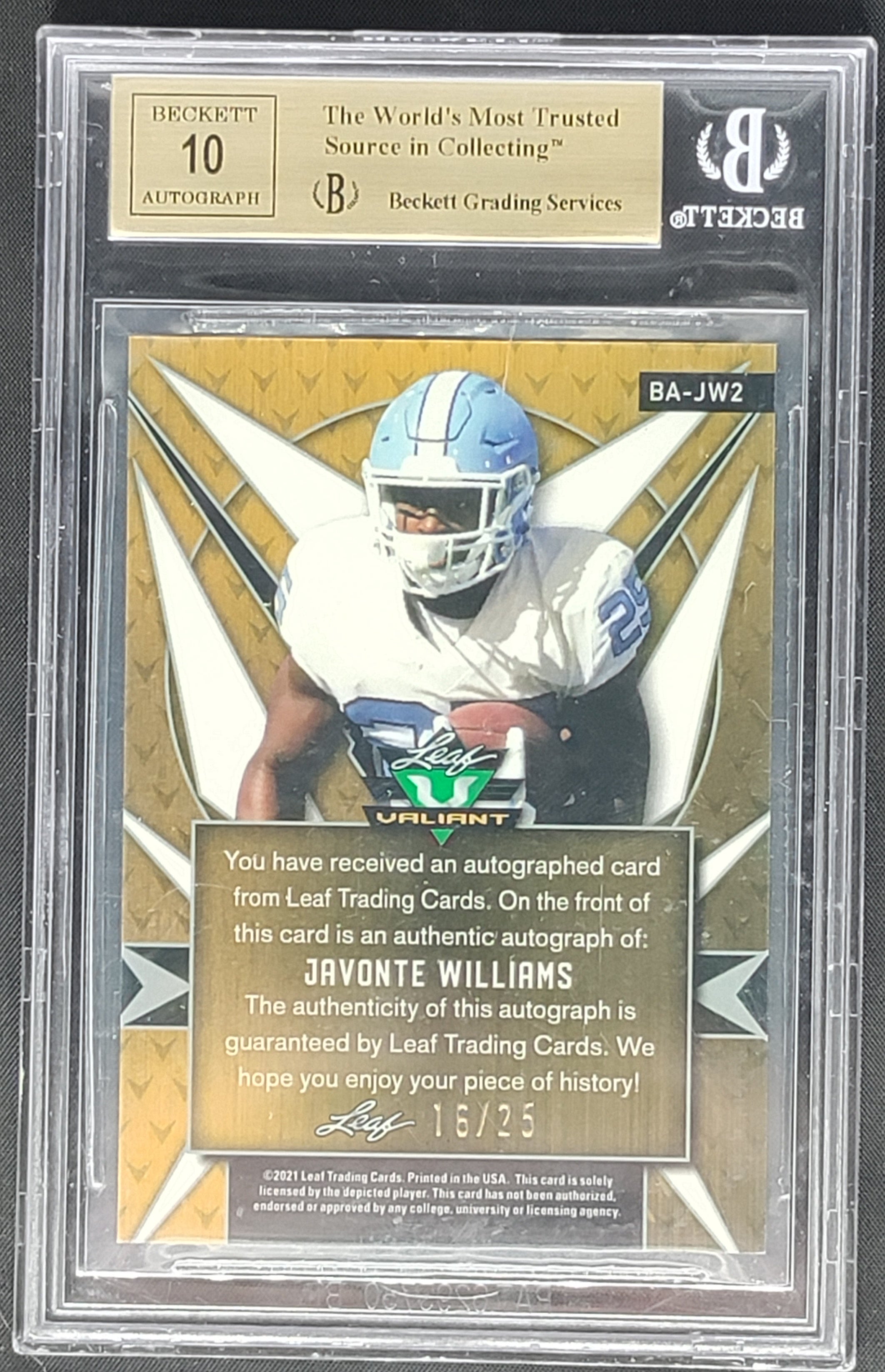 2021 leaf football helmet Javonte Williams 2021 Leaf Valiant Purple #BAJW2 Auto /25 Beckett 9.5 – All  In Autographs