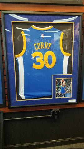 Stephen Curry Golden State Warriors Autographed Framed Jersey - Blue - PSA
