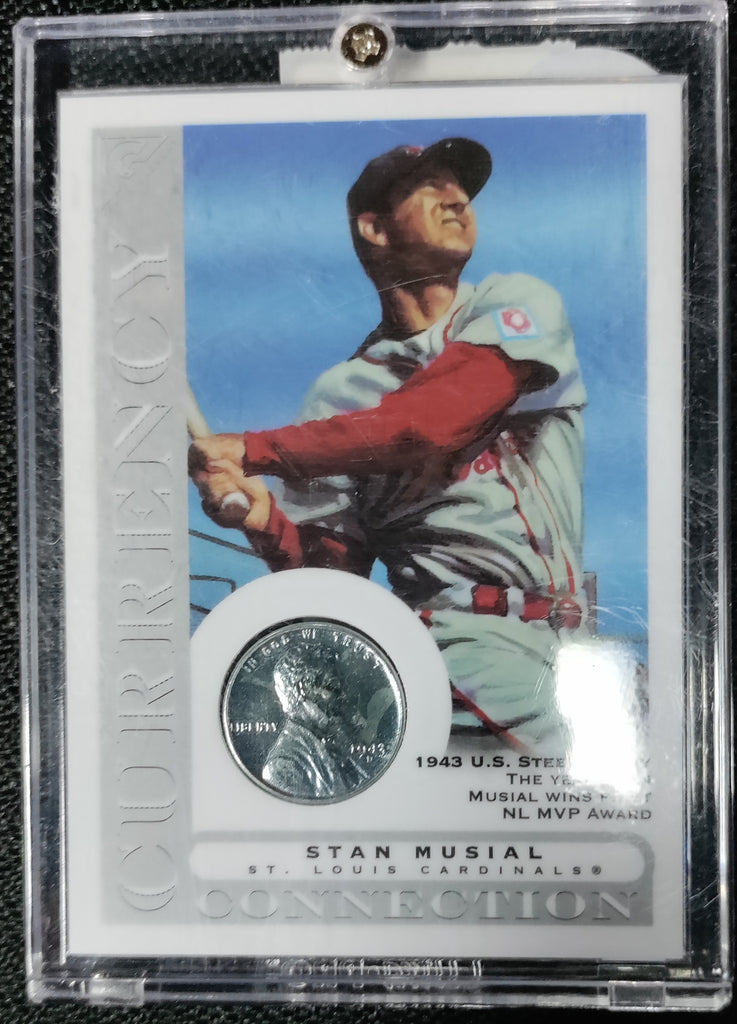Stan Musial 2003 Topps Currency Connection Card W/ 1943 U.S. Steel Penny-  Year Stan Musial Won First NL MVP Award – All In Autographs
