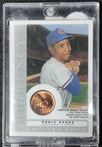 Ernie Banks 2003 Topps Currency Connection Card W/ 1958 U.S. Wheat Penny- Year Banks Won First NL MVP Award