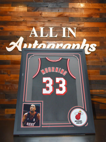 Alonzo Mourning Signed Miami Heat Jersey Blue Red 33 with Photo and Miami Heat Logo - All In Autographs