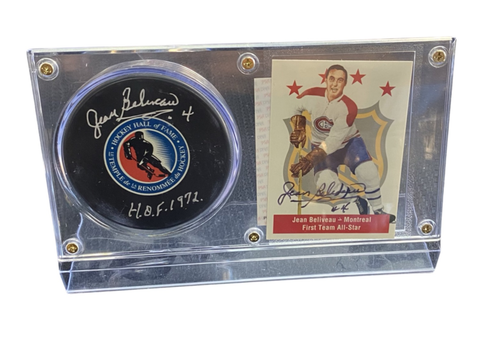 Jean Beliveau signed puck and card, Montreal Canadiens