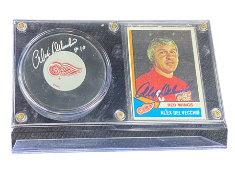 Alex Delvecchio signed hockey puck and card, Detroit Red Wings