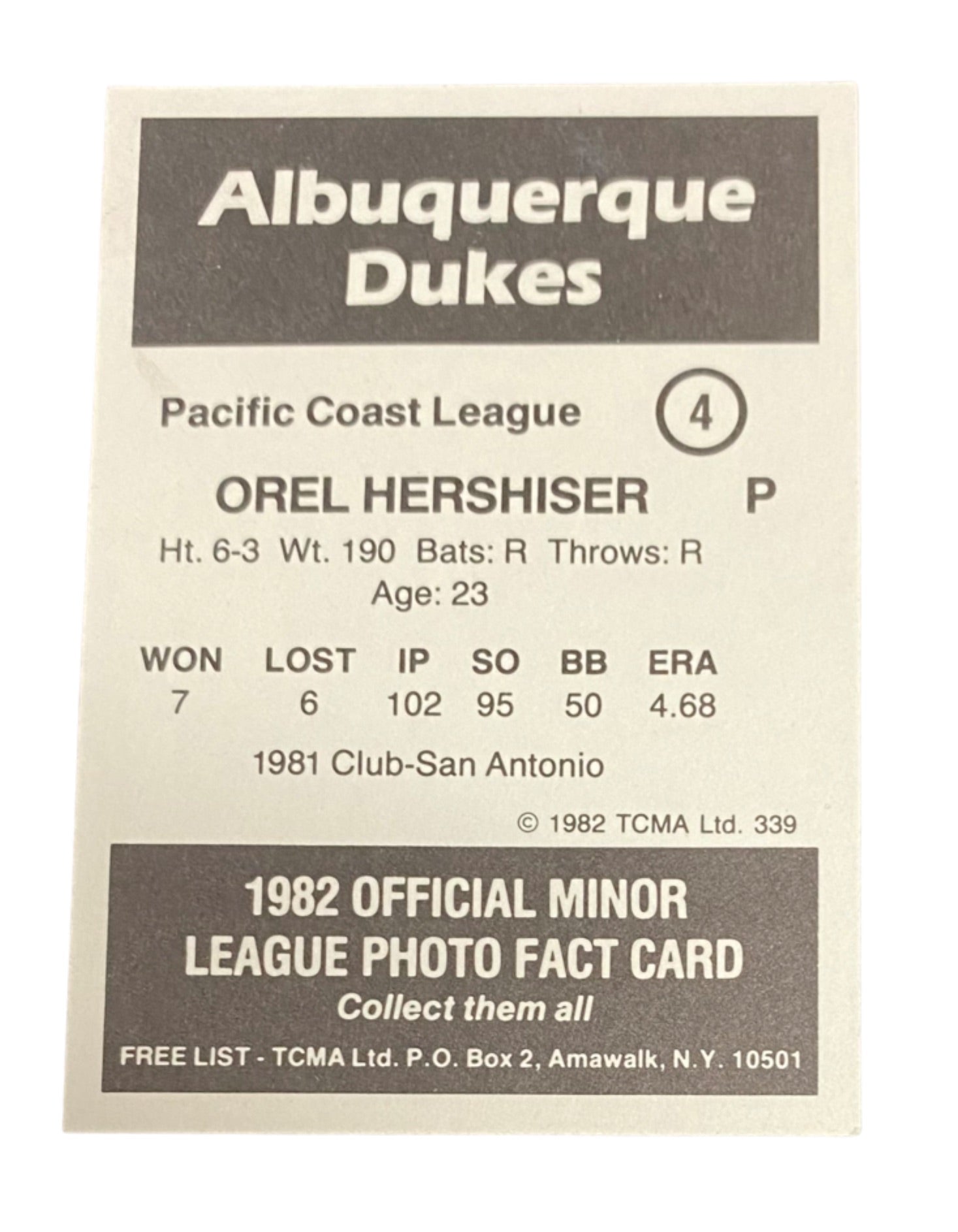 Orel Hershiser 1982 TCMA Albuquerque Dukes Minor League Baseball Card – All  In Autographs