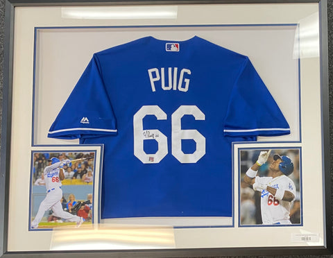 Yasiel Puig Los Angeles Dodgers Autographed Framed Jersey w/ Photos - Blue