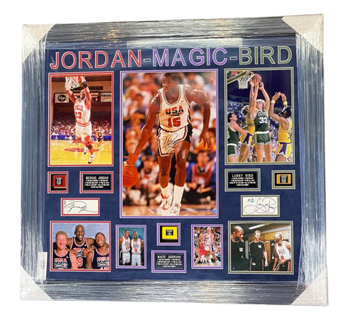Michael Jordan, Magic Johnson, Larry Bird Autographed Tribue Shadowbox
