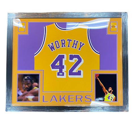 James Worthy Signed 35x43 Custom Framed Jersey Display Matted with Photos