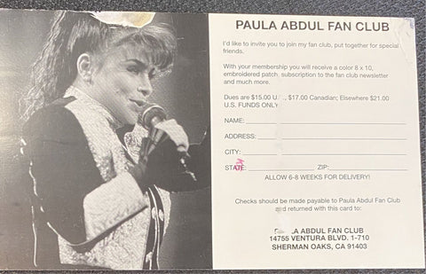 Paula Abdul Fan Club Pre-print Signed