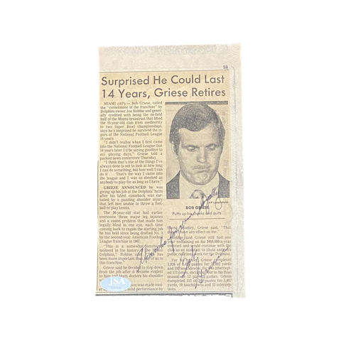 Bob Griese Miami Dolphins Signed Newspaper Clipping