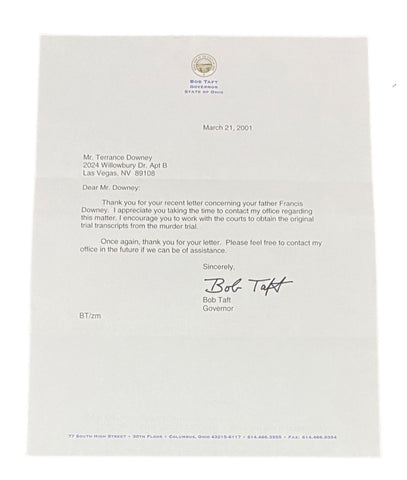 Bob Taft signed letter, Governor of Ohio